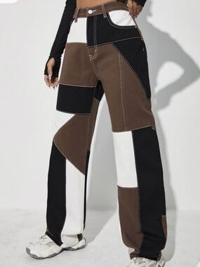 Icon High-Waist Cut And Sew Patchwork Jeans size Small - White, Black, Brown